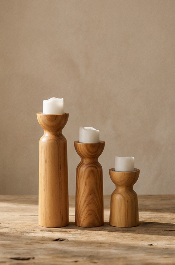 Alvar Natural Wooden Candlestick Holders | Set of 3