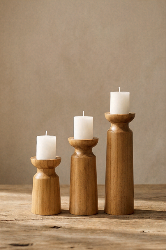 Alvar Natural Wooden Candlestick Holders | Set of 3