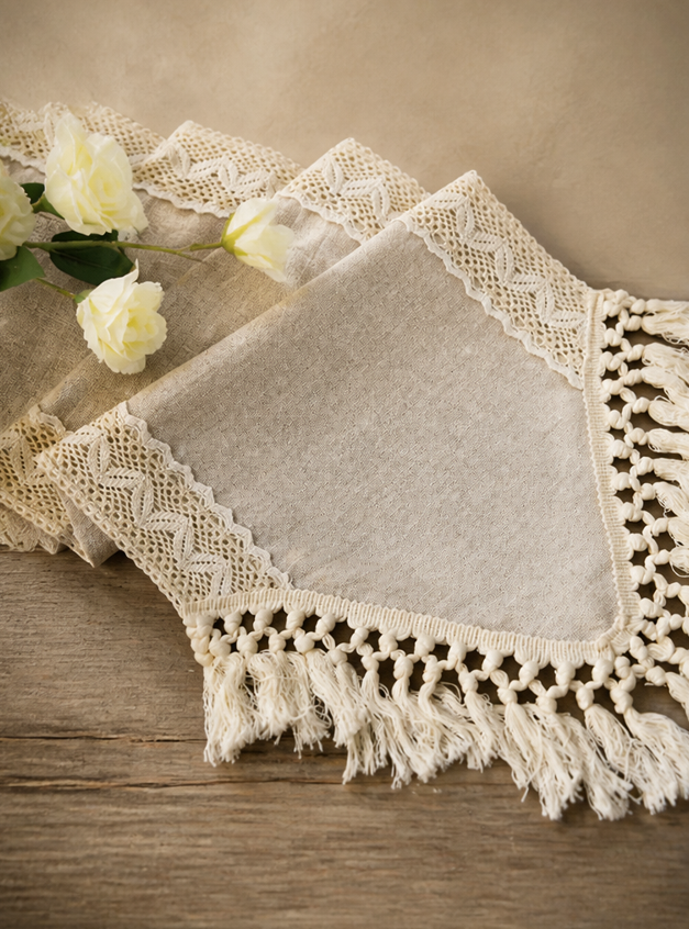 Céleste Boho Lace & Tassel Linen-Look Table Runner