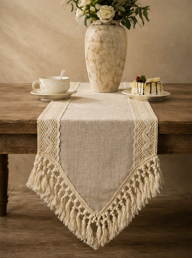 Céleste Boho Lace & Tassel Linen-Look Table Runner