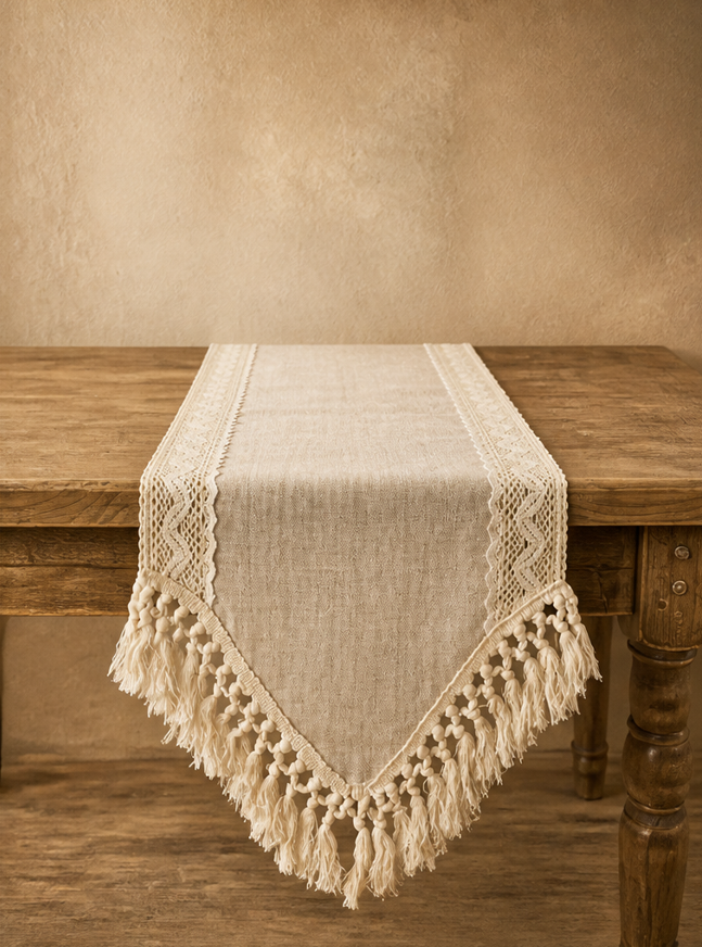 Céleste Boho Lace & Tassel Linen-Look Table Runner