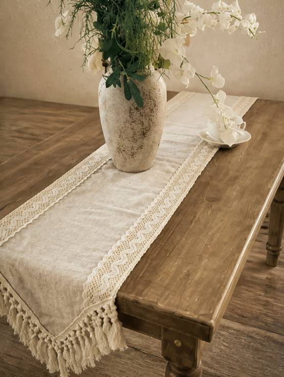 Céleste Boho Lace & Tassel Linen-Look Table Runner