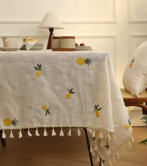 Citrine Lemon Embroidered Linen Table-Cloth