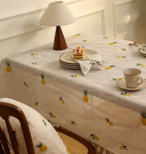 Citrine Lemon Embroidered Linen Table-Cloth