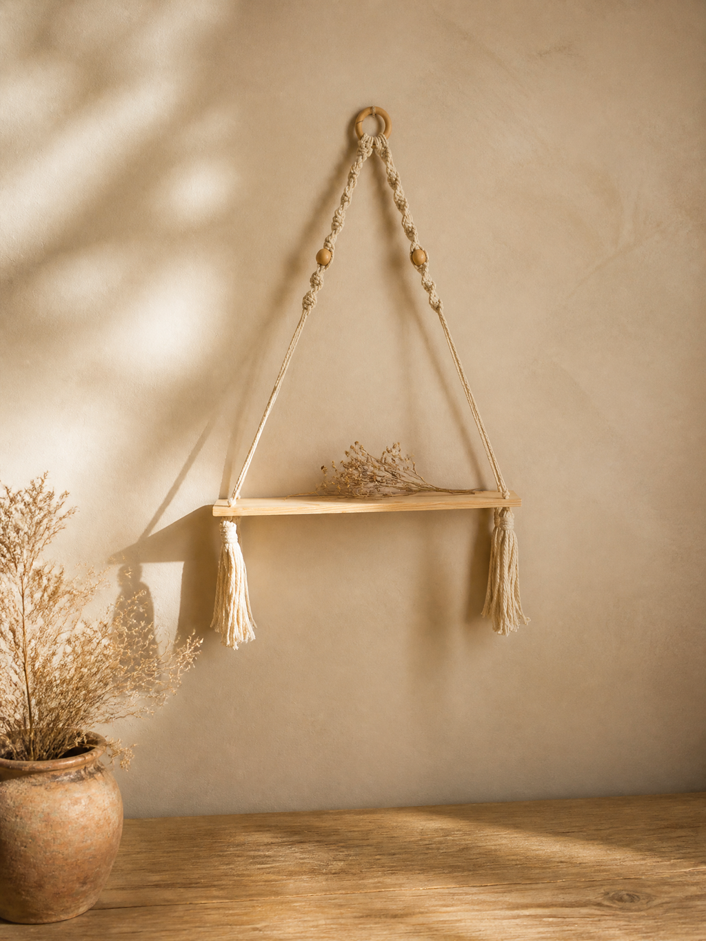 Greta Macramé Beaded Hanging Wall Shelf