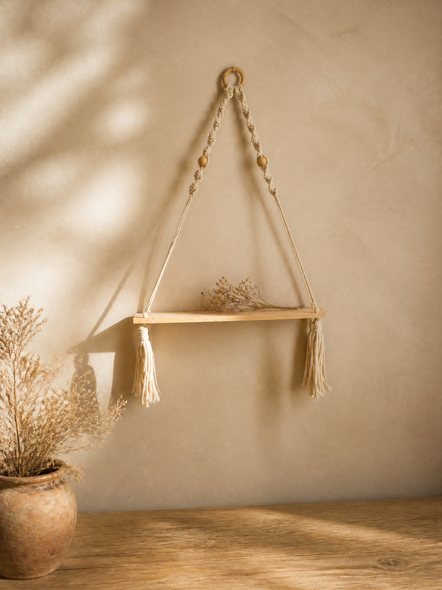 Greta Macramé Beaded Hanging Wall Shelf