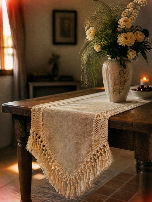 Céleste Boho Lace & Tassel Linen-Look Table Runner