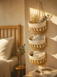Wren Tassel Woven Cotton Three-Tier Hanging Basket Organiser