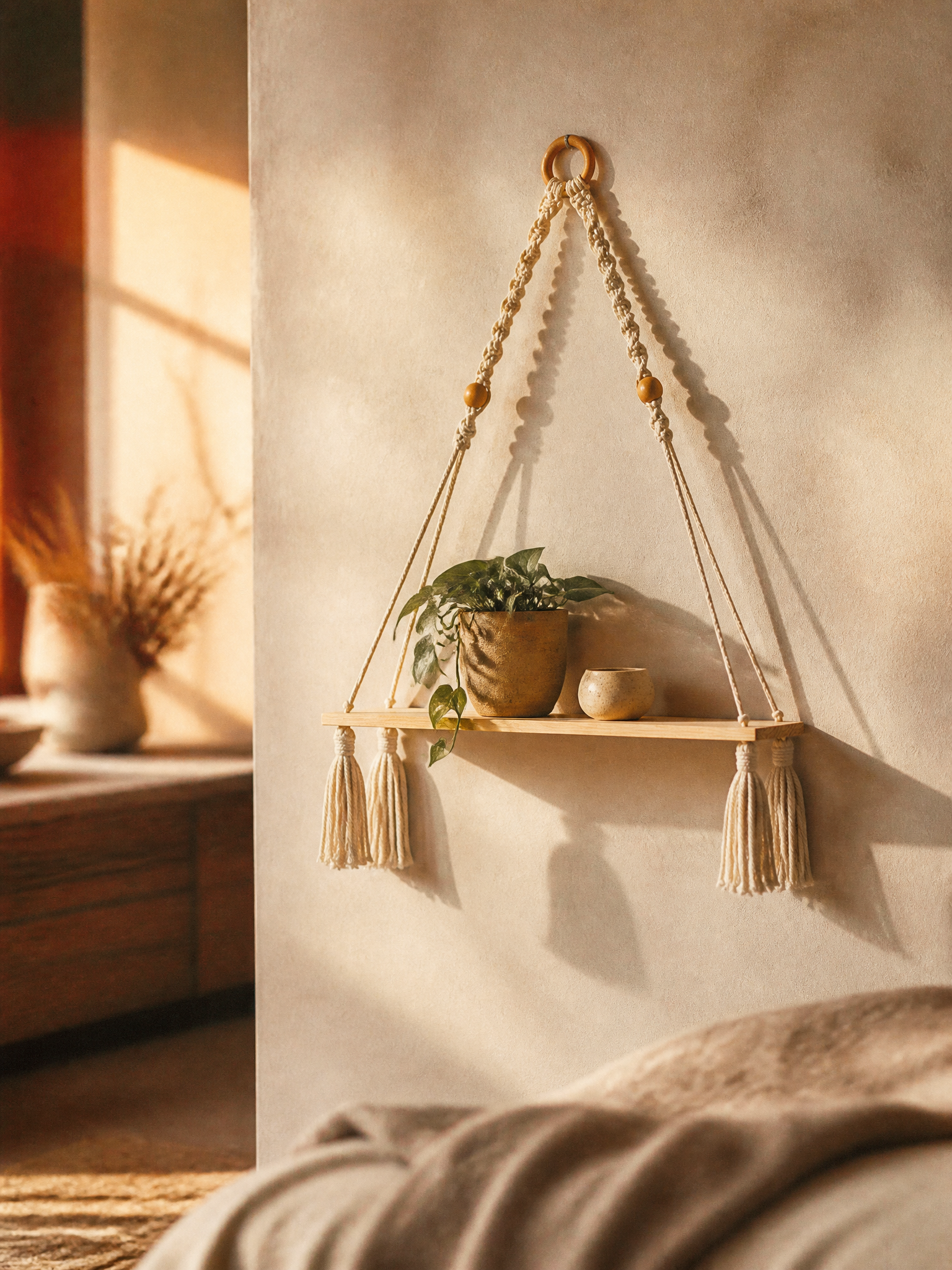 Greta Macramé Beaded Hanging Wall Shelf