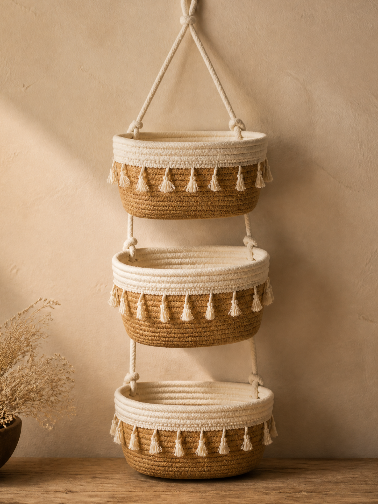 Wren Tassel Woven Cotton Three-Tier Hanging Basket Organiser