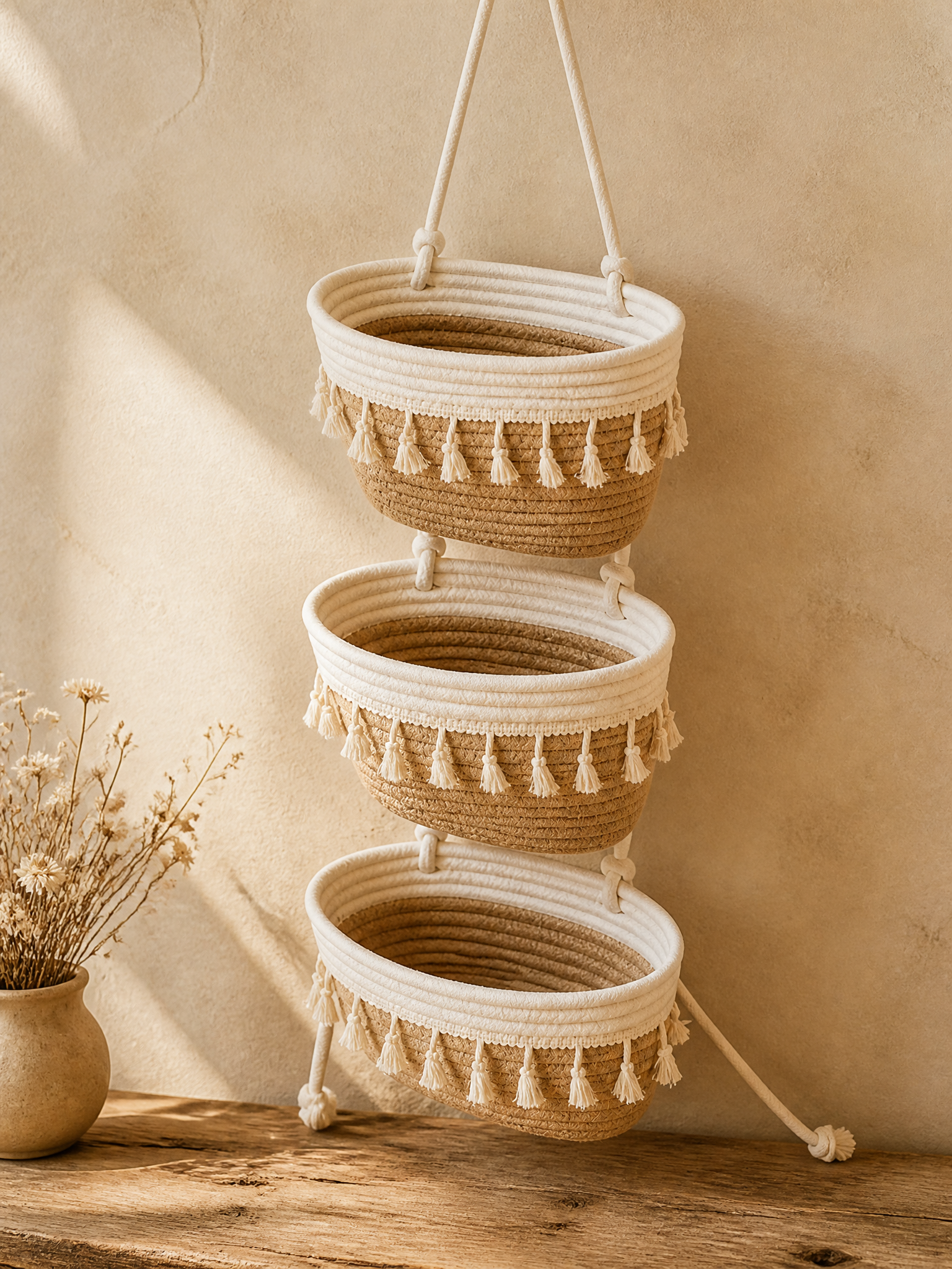 Wren Tassel Woven Cotton Three-Tier Hanging Basket Organiser