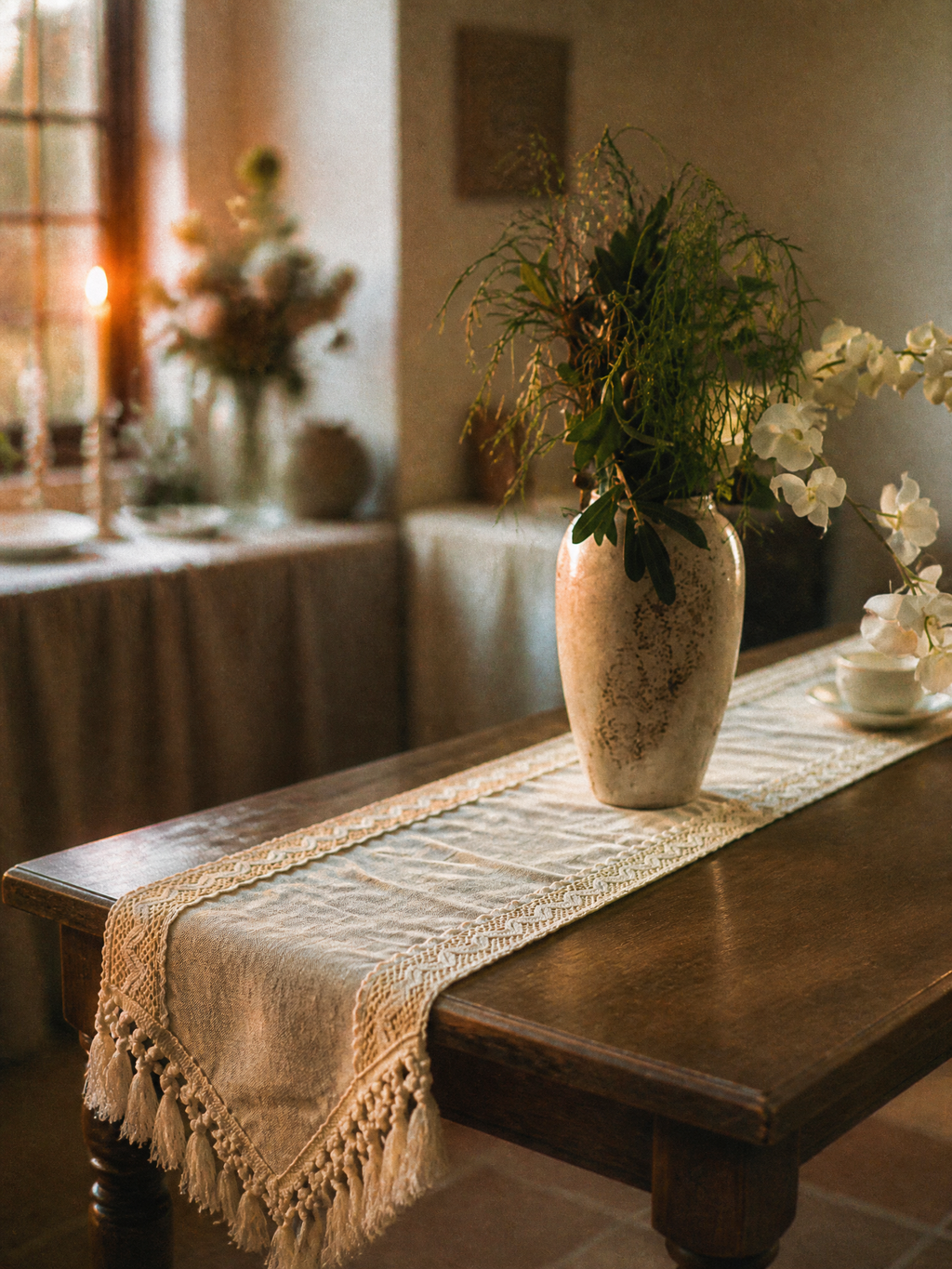 Céleste Boho Lace & Tassel Linen-Look Table Runner