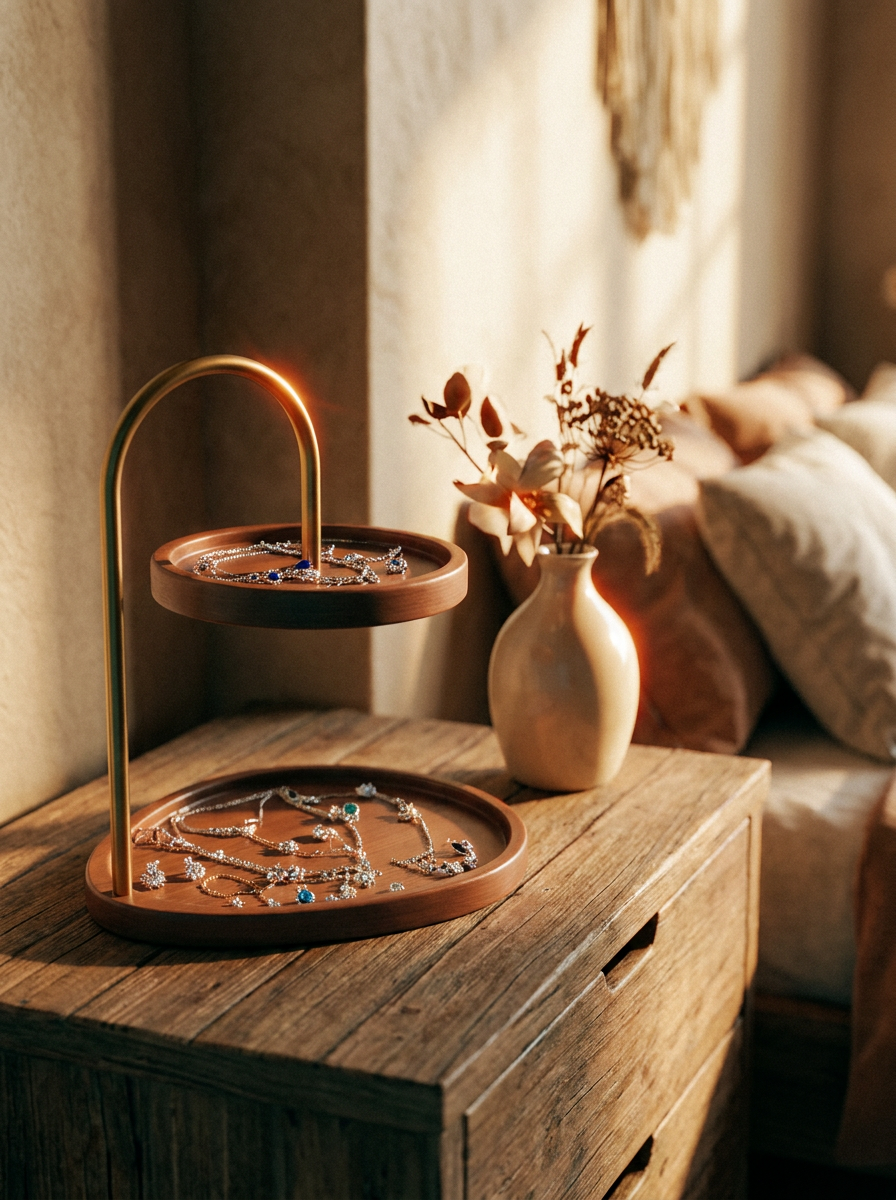 Solène Two-Tier Bamboo and Gold Jewellery Key Tray Organiser