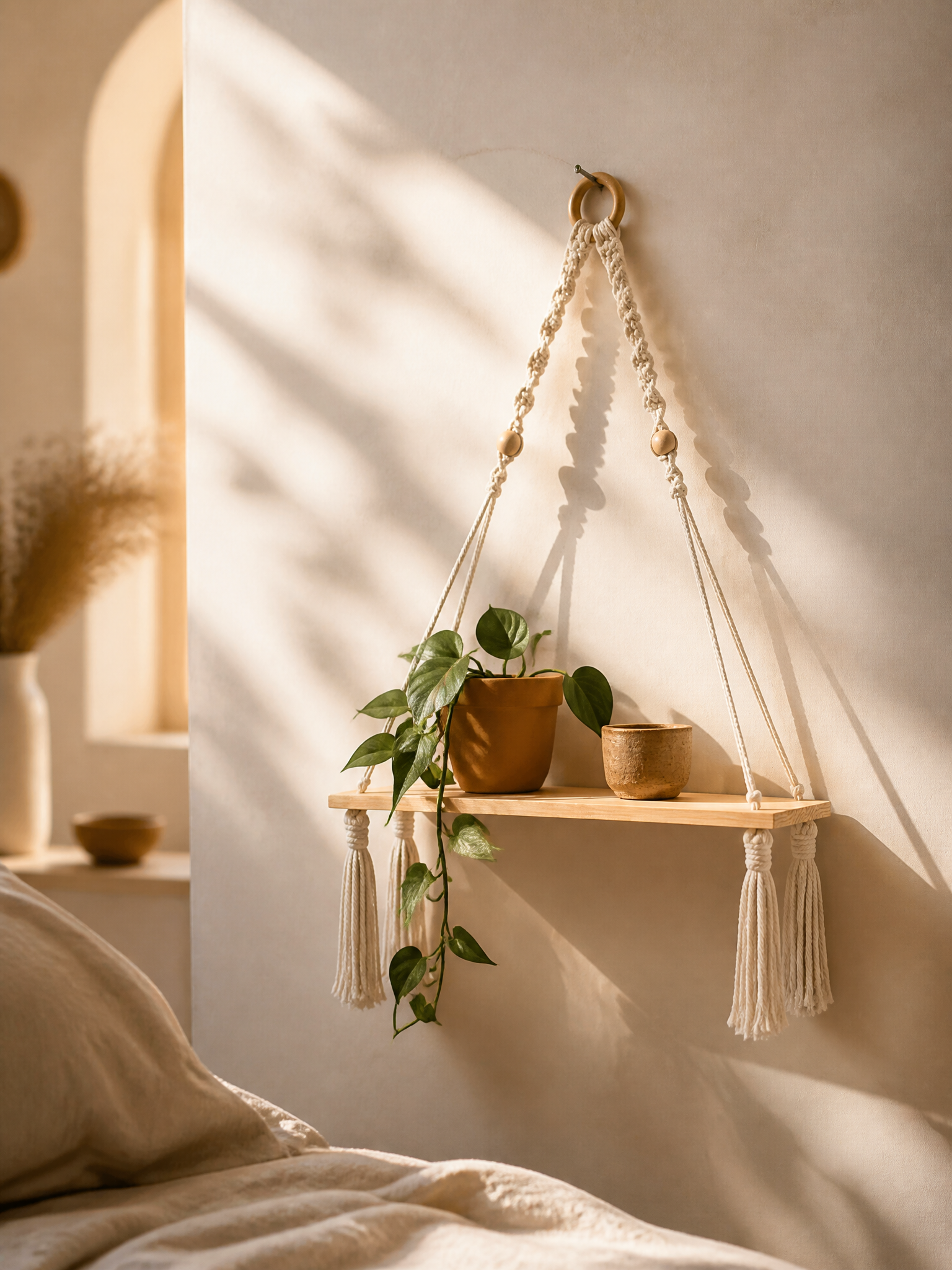 Greta Macramé Beaded Hanging Wall Shelf
