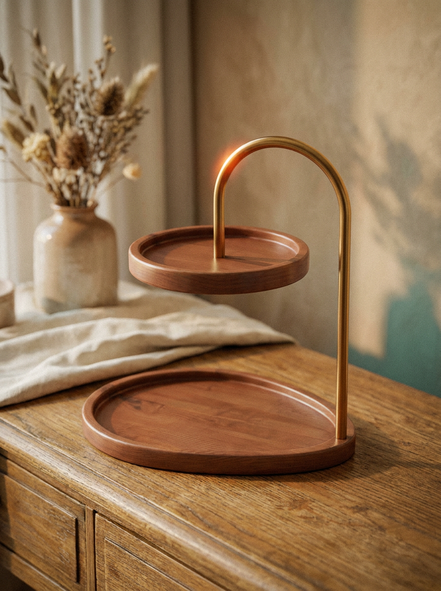 Solène Two-Tier Bamboo and Gold Jewellery Key Tray Organiser