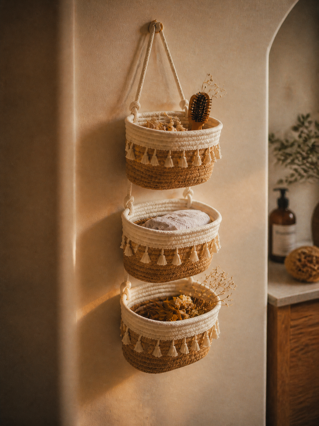 Wren Tassel Woven Cotton Three-Tier Hanging Basket Organiser