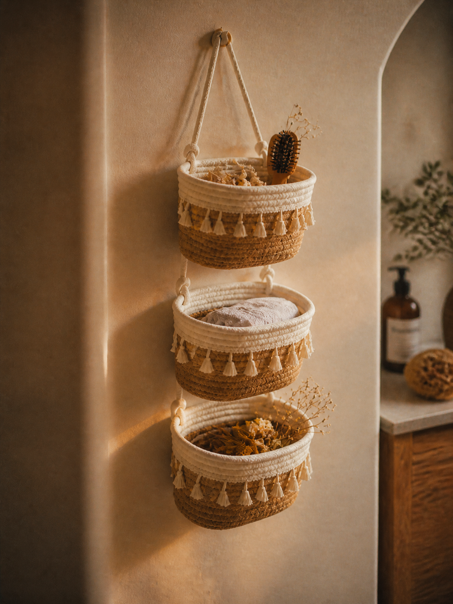 Wren Tassel Woven Cotton Three-Tier Hanging Basket Organiser