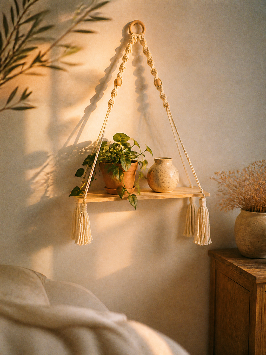 Greta Macramé Beaded Hanging Wall Shelf