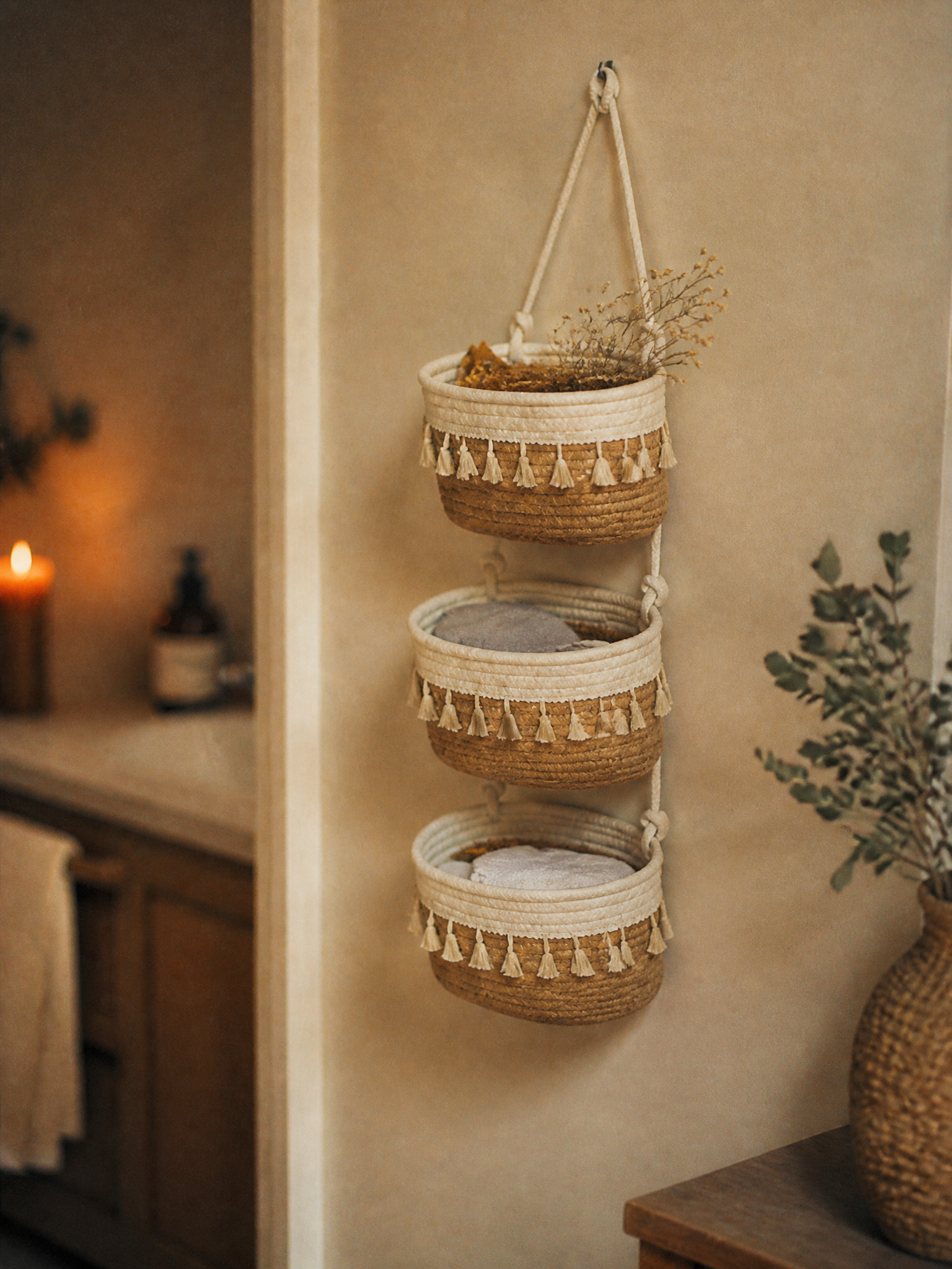 Wren Tassel Woven Cotton Three-Tier Hanging Basket Organiser