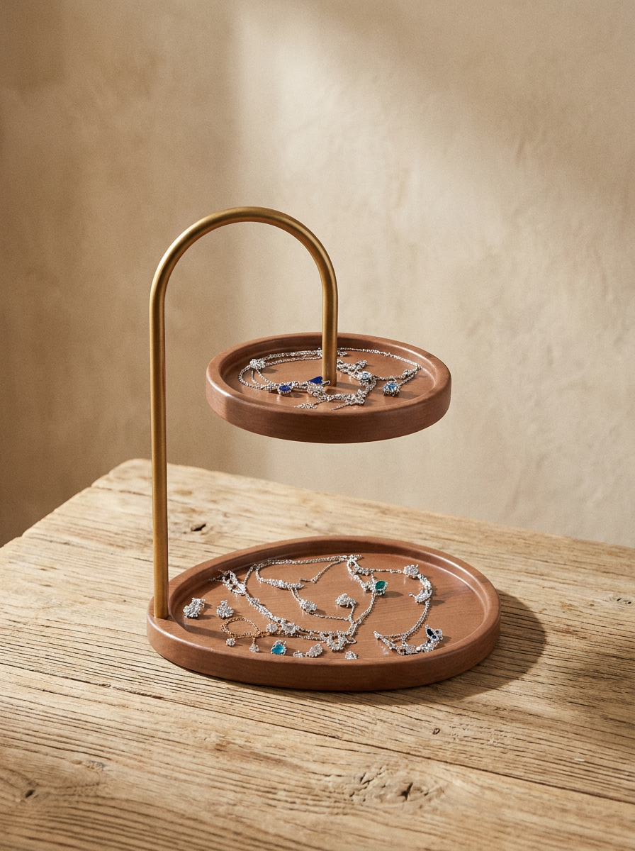 Solène Two-Tier Bamboo and Gold Jewellery Key Tray Organiser