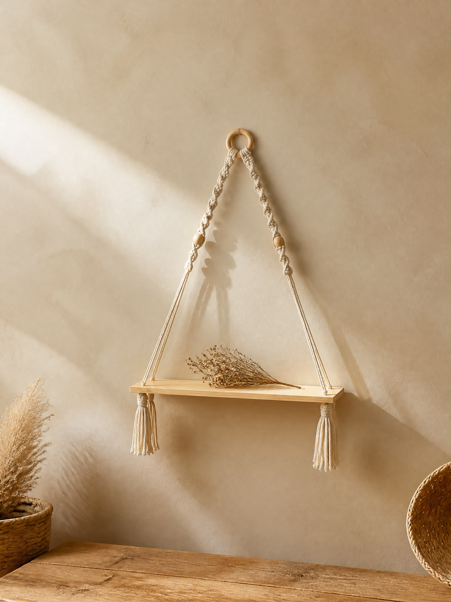 Greta Macramé Beaded Hanging Wall Shelf