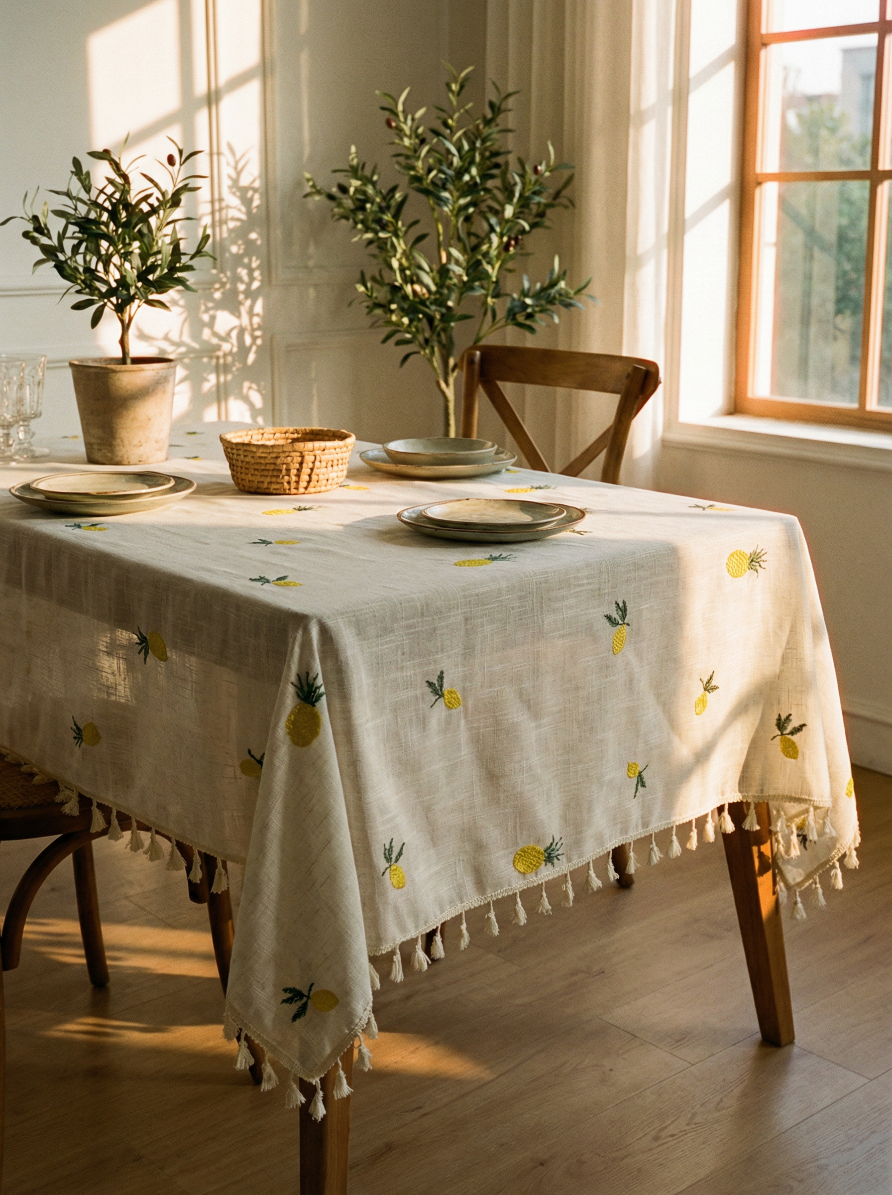 Citrine Lemon Embroidered Linen Table-Cloth