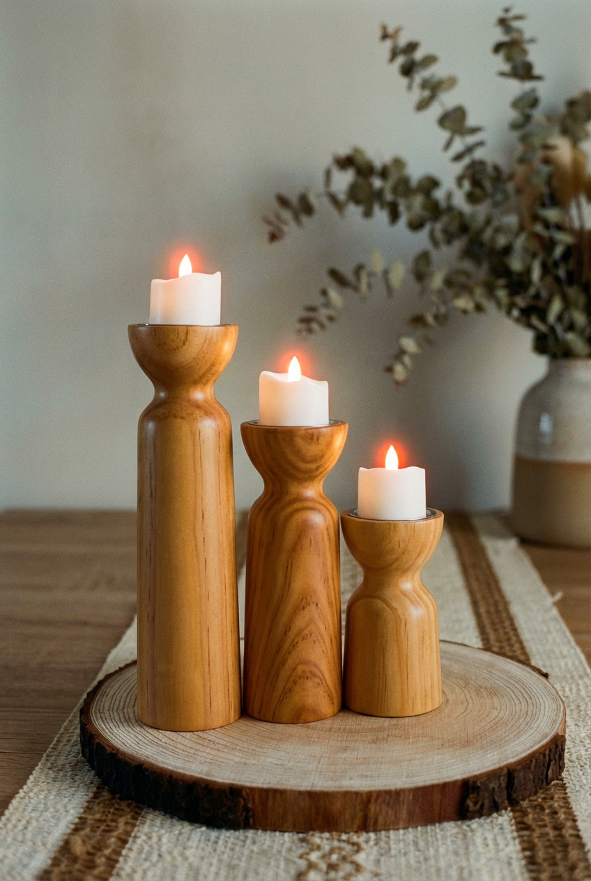 Alvar Natural Wooden Candlestick Holders | Set of 3